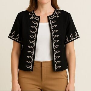 Vintage Spenser Jeremy Women’s Embellished Short Sleeve Linen Black Jacket Sz 12